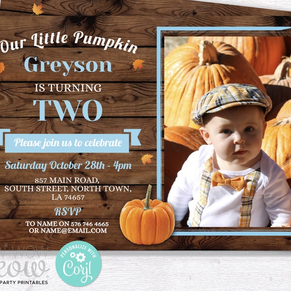 Birthday Pumpkin Blue Invite Boys Fall 1st First Invitation Photo Rustic Wood Party INSTANT DOWNLOAD Printable Editable Girls WCBK039