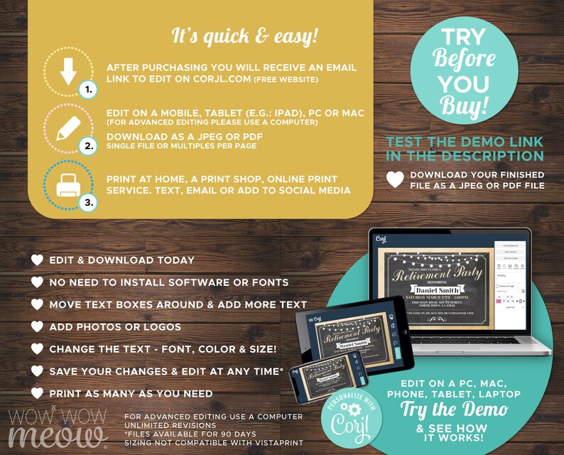 May include: A digital printable retirement party invitation template with a chalkboard background and white lights. The text reads "Retirement Party" and "Daniel Smith". The template can be edited and downloaded online.