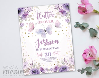 Butterly Birthday Invitation Girl Pink Flowers Party Invite Purple Digital DOWNLOAD Editable Printable WCBK514