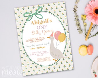 May include: A party invitation with a whimsical design. The invitation features the text "Abigail's ONE Silly Goose" with a cartoon goose holding balloons. The background has a repeating floral pattern. The invitation includes event details: date, time, and location.