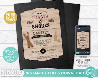 Toasts and Smokes Invite Birthday Cheers Birthday Party INSTANT DOWNLOAD Whisky Cigars Smoke Male Mens Personalize Edit Printable WCBA108