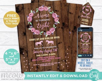 Horse Invitation Girls Party Invite Horseback Birthday Pony Riding INSTANT DOWNLOAD Floral Pink Personalize Wood Editable Printable WCBK152