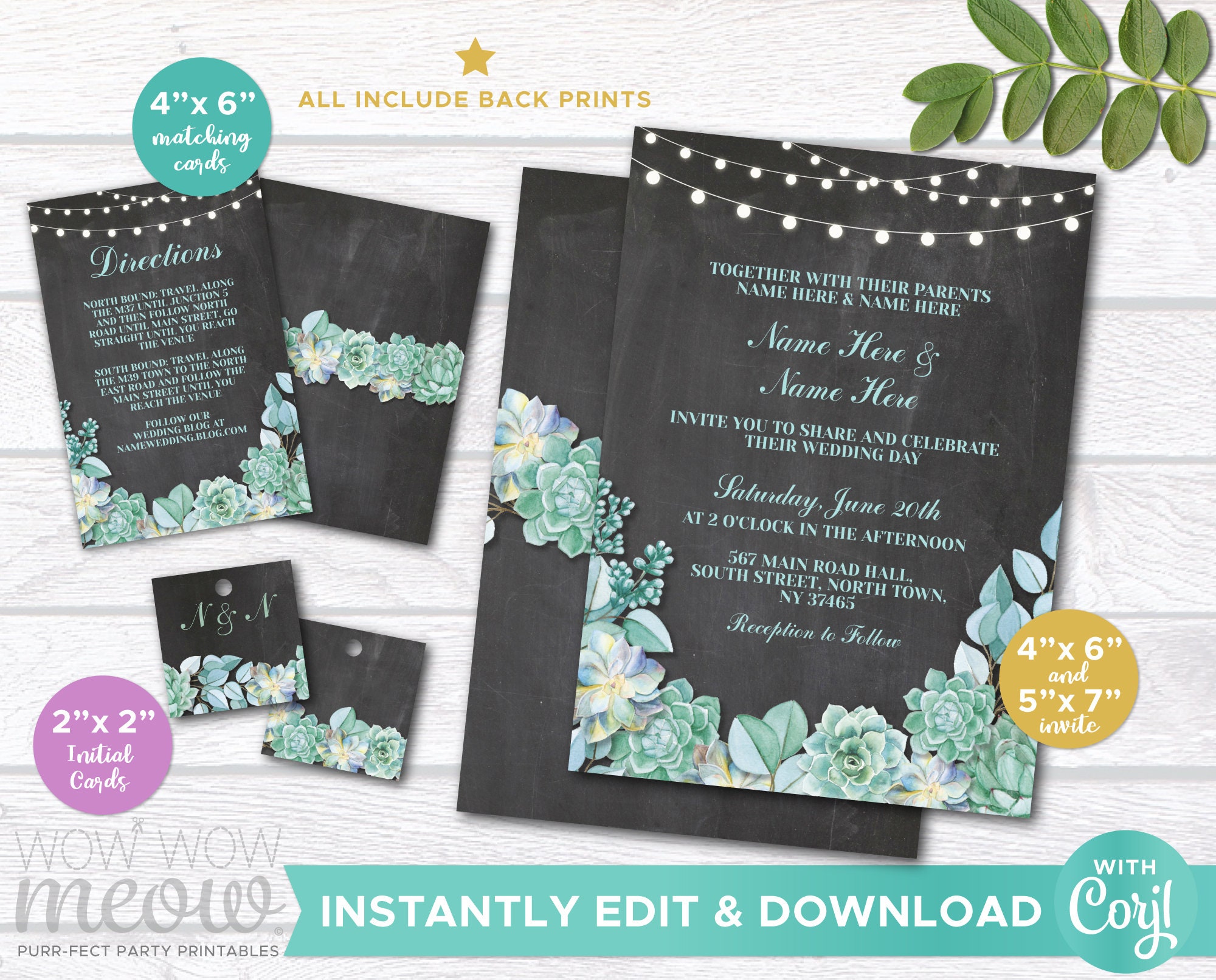 Succulents Wedding Invitations Set Template INSTANT DOWNLOAD - Etsy
