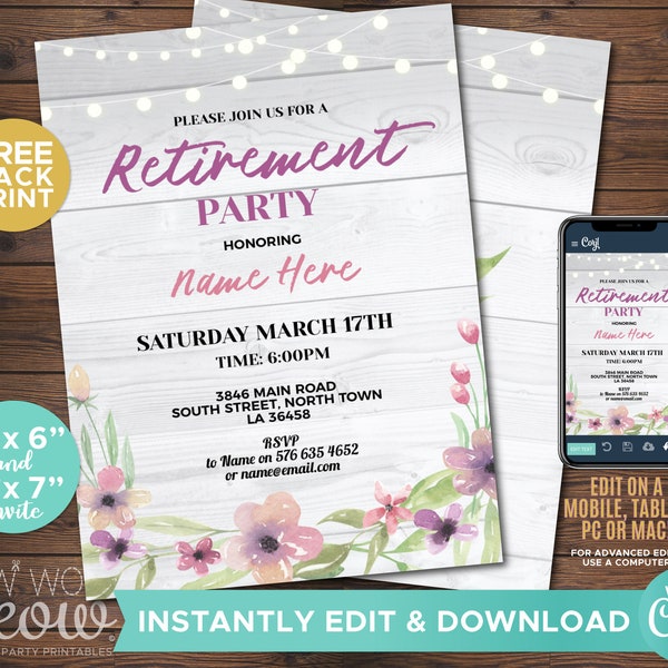 Retirement Invitation Floral Rustic Wood Retired Invite INSTANT DOWNLOAD Womens Ladies Flowers Printable Pink Digital Editable Print WCRE039