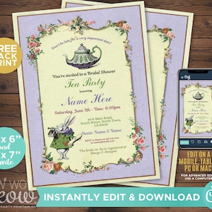 Bridal Shower Invitation Rabbit Alice In Wonderland Party Tea Party INSTANT DOWNLOAD Vintage Teapot Editable Personalize Printable WCBR032