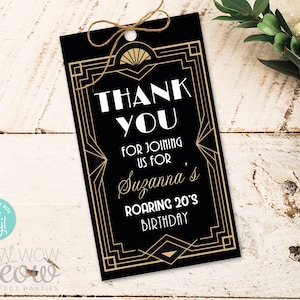 Etiquetas de agradecimento Art Déco 1920 Gatsby Gold Black Roaring 20s Festa de Aniversário Presente Favor Cartões Etiqueta Download Editável para Impressão WCBA276