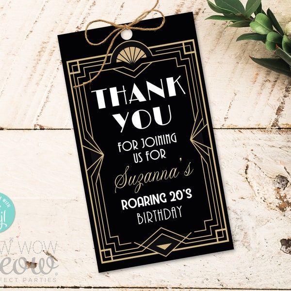 Art Deco Thank You Tags 1920 Gatsby Gold Black Roaring 20s Birthday Party Gift Favour Cards Label Download Editable Printable WCBA276