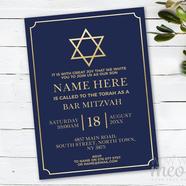 Bar Mitzvah Invitation Digital DOWNLOAD Jewish Announcement Invite Boy Hebrew Star David Gold Blue Navy Personalise Edit Printable WCBM001