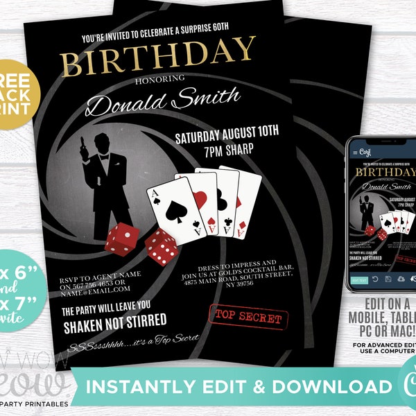 Surprise Birthday Invite Spy Secret Agent Invitation INSTANT DOWNLOAD Party Editable Elegant James Bond Birthday Personalize Edit WCBA054