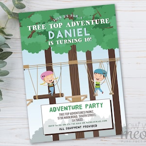 Tree Top Adventures Birthday Invitations Outdoor Zip Line Park Digital DOWNLOAD Party Invites Trees Zipline Editable Printable WCBK548