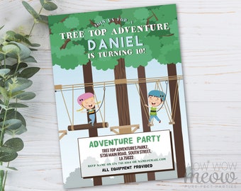 Tree Top Adventures Birthday Invitations Outdoor Zip Line Park Digital DOWNLOAD Party Invites Trees Zipline Editable Printable WCBK548