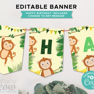 Monkey Birthday Party Banner Go Bananas Editable Download Boys Girls Jungle Wild Bunting Flags Birthday Decoration Printable WCBK398