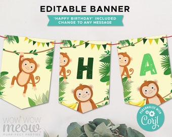 May include: Editable banner with a jungle theme featuring monkeys and green leaves. The banner says "HA" in large green letters. The banner is customizable with the text "Happy Birthday" or any other message.