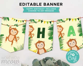 Monkey Birthday Party Banner Go Bananas Editable Download Boys Girls Jungle Wild Bunting Flags Birthday Decoration Printable WCBK398