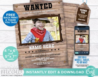 Cowboy Birthday Invites Photo INSTANT DOWNLOAD Boys Wanted Poster Western Invitations Birthday Party Edit Cowgirl Kids Printable WCBK175