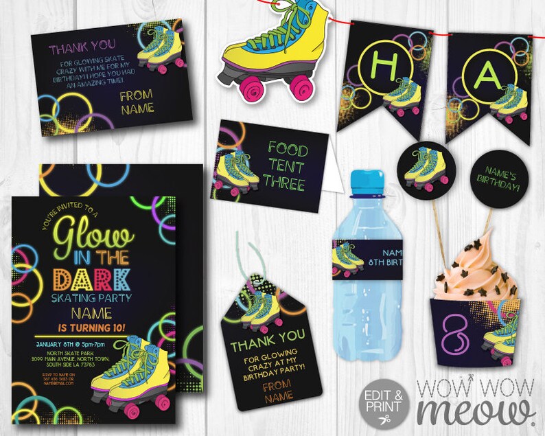 Glow in the Dark Skating Party Package Invitations Birthday Etsy