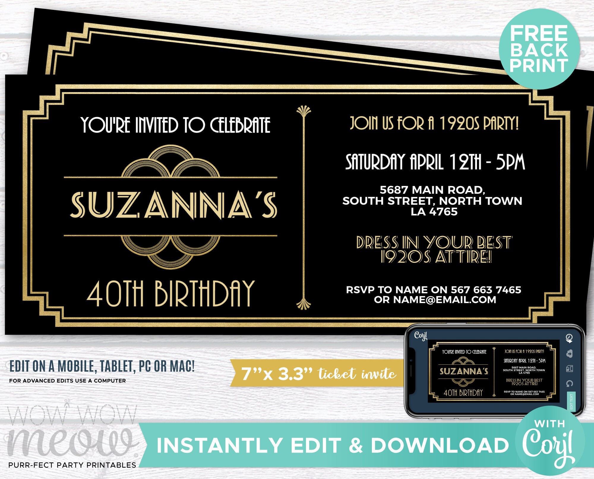 Art Deco Tickets Birthday Roaring 20s Invitation Invite 1920 Etsy