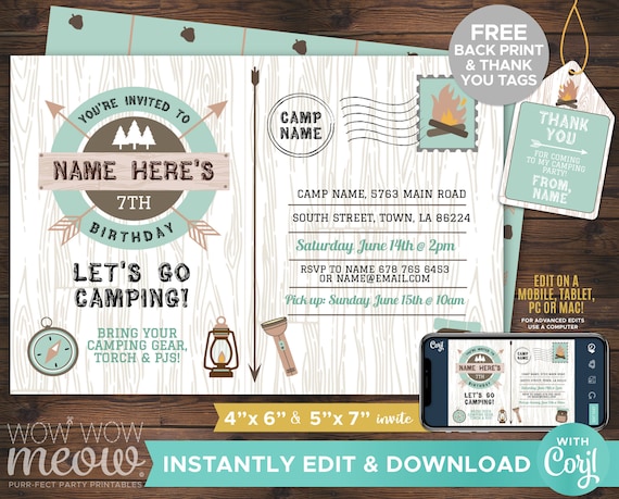 Camping Invitations Green Camp Out Birthday Party Invite INSTANT.