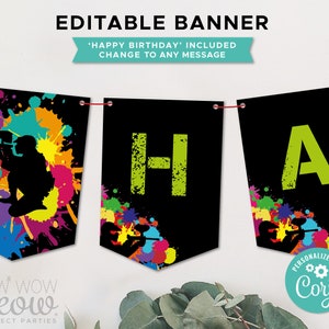 Paintball Party Banner Birthday Editable Instant Download Paint Ball Boys Girls Bunting Flags Birthday Decoration Printable WCBK022