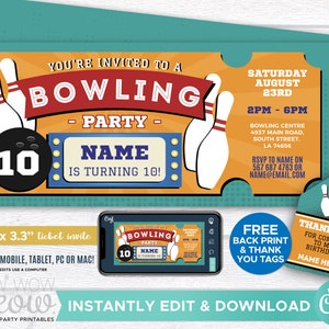 Bowling Ticket Invite Birthday Party Invitation INSTANT DOWNLOAD Girls Boys Tenpin Strike Bowling Personalize Editable Printable WCBK091