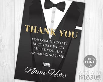 Thank You Card Suit Party Tag Printable Secret Agent INSTANT DOWNLOAD Black Tie Editable Print Detective Birthday Surprise Invite Matching