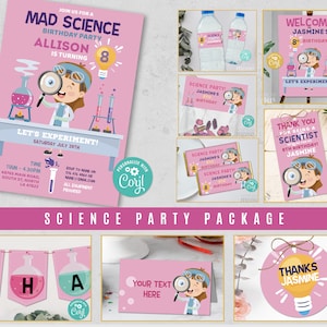 Science Party Pink Girls Birthday Bundle EDITABLE Invitations Chemistry Mad Scientist Activity Package Download Children&#39;s Party WCBK461