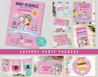 Science Party Pink Girls Birthday Bundle EDITABLE Invitations Chemistry Mad Scientist Activity Package Download Children's Party WCBK461