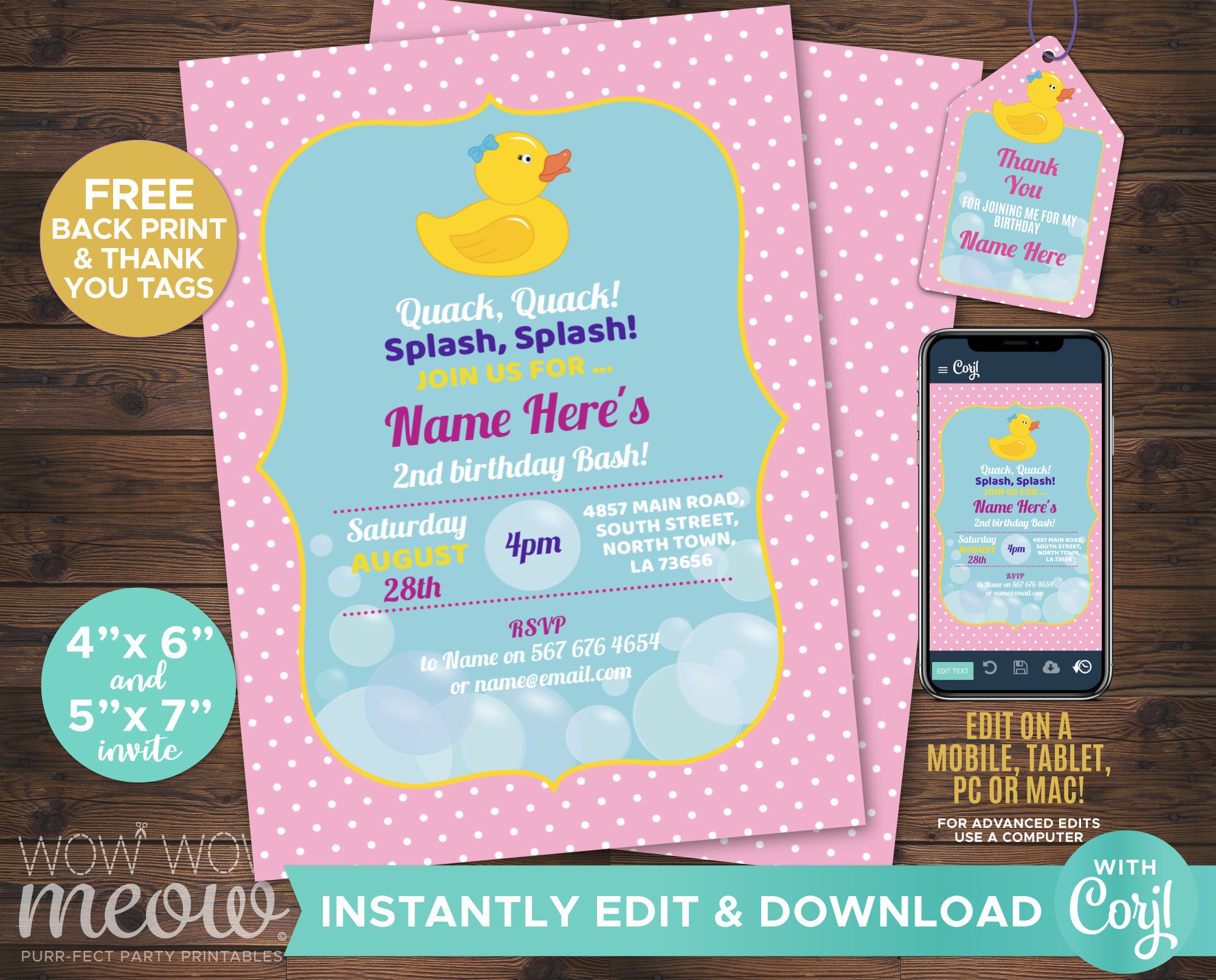 Rubber Duck Birthday Party Invitations Girl's INSTANT | Etsy