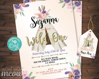 Wild One Invitation Birthday Invite TeePee INSTANT DOWNLOAD Feathers First Tipi Flowers Wood Personalize Gold Editable Printable WCBK326