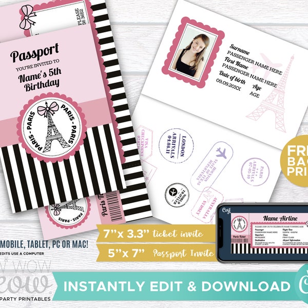 PARIS Invite Passport Invitation Ticket INSTANT DOWNLOAD Pink Girls French Birthday Party Personalize Editable for Kids Printable WCBK055