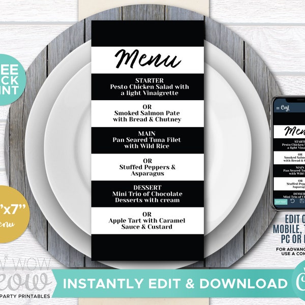 Black and White Stripe Dinner Template Wedding Package INSTANT DOWNLOAD Set Matching Printable Invites Nautical Personalize Editable WCWP057