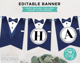 Tuxedo Party Banner Navy Birthday Bunting Silver Flags Black Tie Secret Agent Spy Editable Instant Download Birthday Printable WCBA033