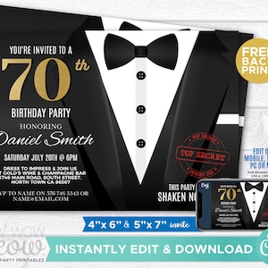 May include: A black and white printable invitation for a 70th birthday party. The invitation features a tuxedo with a bow tie and the text "You're invited to a 70th Birthday Party Honoring Daniel Smith".