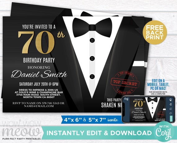 70th Birthday Invite SEVENTY Secret Agent Spy Party Invitation INSTANT DOWNLOAD 70 Editable Bond Tuxedo Black Tie Suit Printable WCBA098