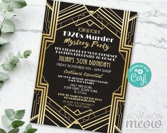 1920s Murder Mystery Dinner Invitation Party Birthday Invite INSTANT DOWNLOAD Twenties Party Editable Birthday Personalize Editable WCBA258