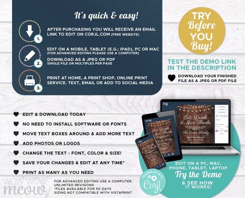 May include: An advertisement graphic with the text "It's quick & easy!" and instructions for editing and downloading a file. The image includes a laptop, tablet, and phone displaying a sample design. The text also says "Try Before You Buy!"