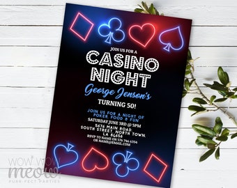 Op de afbeelding: Uitnodiging voor een Casino Night feest met neonblauwe en rode speelkaartsymbolen. De uitnodiging is voor de 50e verjaardag van George Jenson. Het feest is op zaterdag 3 juni om 17:00 uur in de 5676 Main Road, South Street, North Town, LA 84656. RSVP naar name op 576 746 6354 of name@email.com.