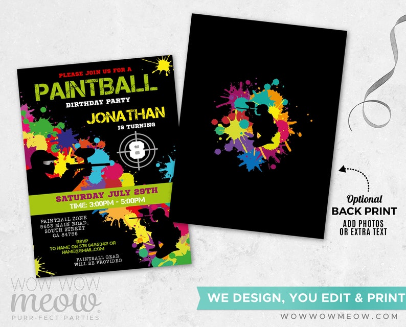 Paintball Invitations Birthday Party Invites Paint Ball Girls Boys Any Age Invite INSTANT DOWNLOAD Digital Tags Editable Printable WCBK022 image 4