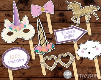 Unicorn Photo Props 50 Items + Sign INSTANT DOWNLOAD Birthday Unicorns Glitter Selfie Rainbow Party Pink Display Take Snaps Printable Booth