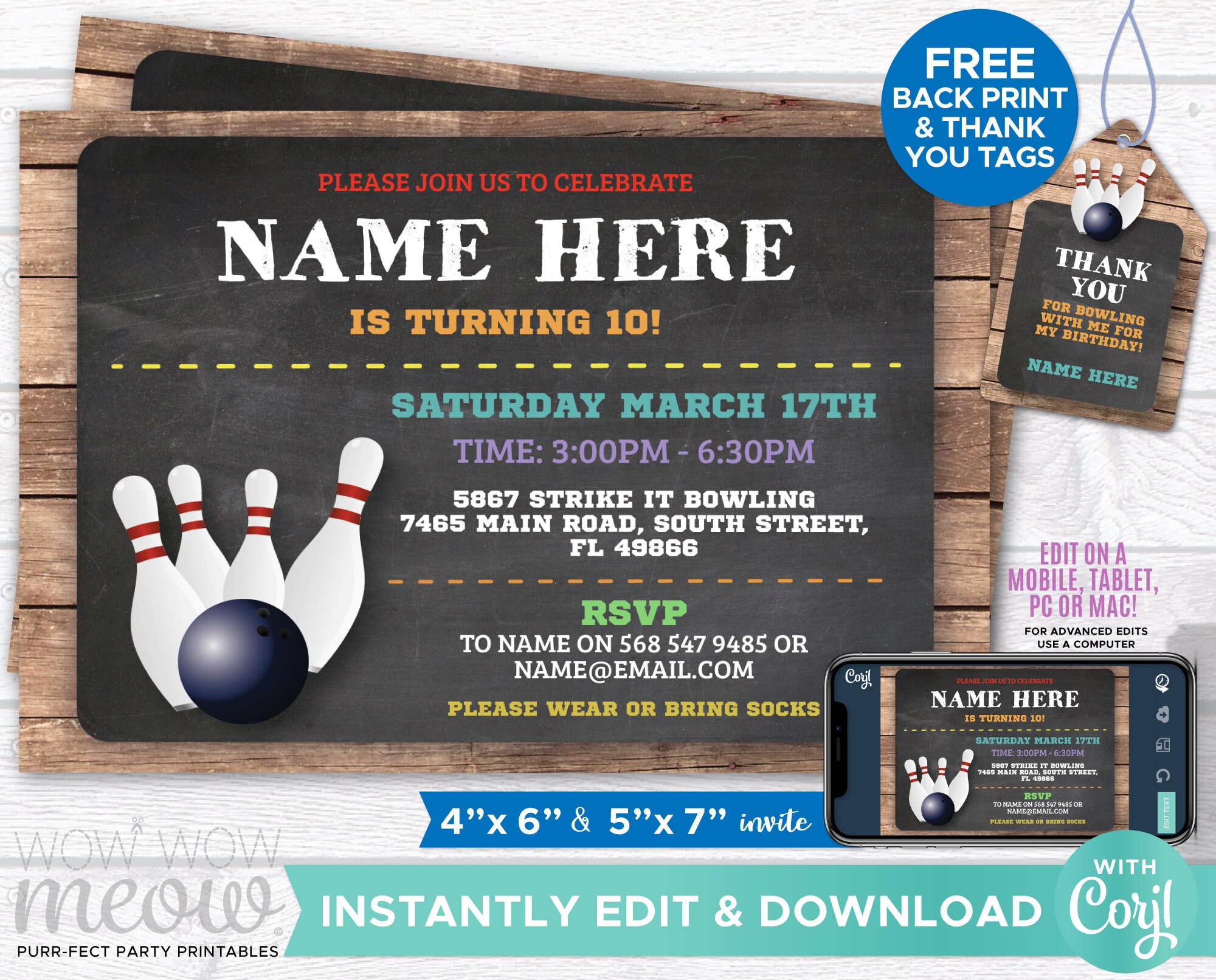 Bowling INVITATION Birthday Party Invite Instant DOWNLOAD Etsy UK