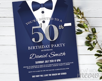 50th Birthday Invite Invitation FIFTY Navy Silver Black Tie Secret Agent Party INSTANT Editable Bond Tuxedo Personalize Printable WCBA033