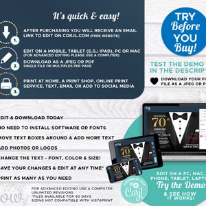 May include: A digital illustration of a printable invitation for a 70th birthday party. The invitation features a black tuxedo with a gold bow tie and the number 70 in gold. The text on the invitation reads "70th Birthday Party". The invitation is customizable with Corjl.com.