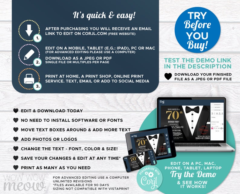 May include: A digital illustration of a printable invitation for a 70th birthday party. The invitation features a black tuxedo with a gold bow tie and the number 70 in gold. The text on the invitation reads "70th Birthday Party". The invitation is customizable with Corjl.com.