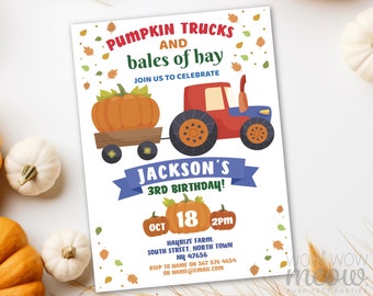 Op de afbeelding: Een verjaardagsuitnodiging met een herfstthema. Het ontwerp toont een rode en blauwe tractor die een wagen trekt met een grote oranje pompoen. Tekst bevat "Pumpkin Trucks and bales of hay" en "Jackson's 3e verjaardag!" met evenementdetails.