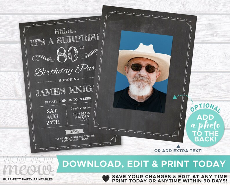 Surprise 80th Birthday Invitations EIGHTY Invite Chalk Party - Etsy