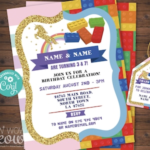 May include: A birthday party invitation with a unicorn and rainbow theme. The invitation includes the text "NAME & NAME ARE TURNING 3 & 7!" and event details. A matching thank you tag is also included.