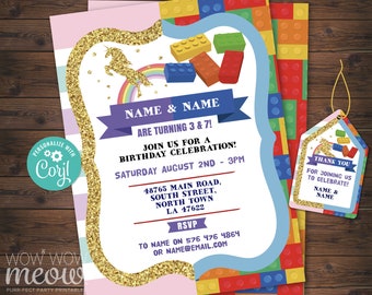 Unicorn and Blocks Invitation Birthday Girl & Boy Joint Shared Invite INSTANT DOWNLOAD Building Printable Party Personalize Editable WCBK149