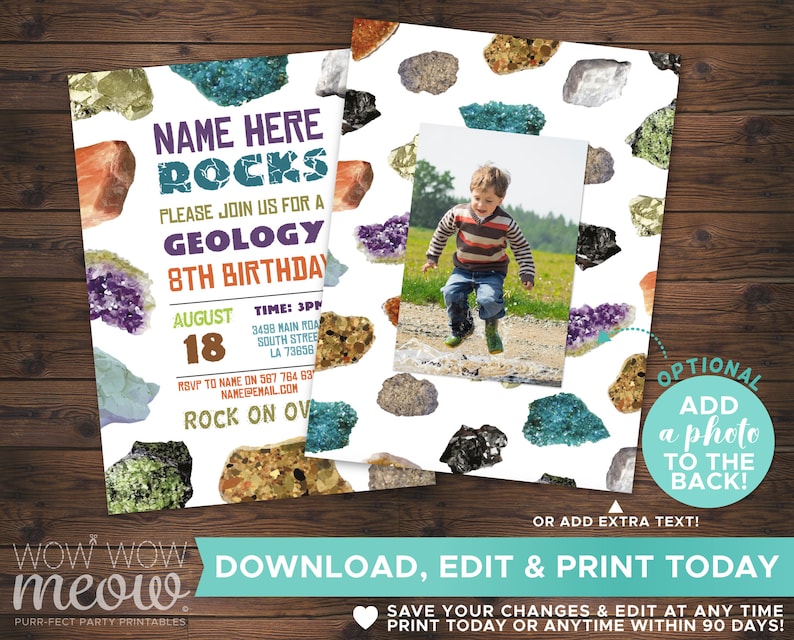 Geology Invitations Rocks Birthday Invites Girls Boys Party Etsy