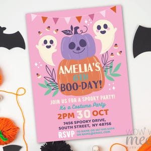 Invito per festa di compleanno per bambini con zucca e fantasmi, stampabile, carino, di Halloween / Invito per festa di compleanno per bambini con costume rosa, pipistrelli WCHA221