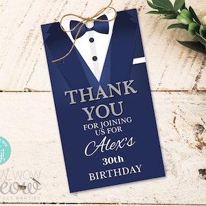 Tuxedo Royal Blue Bedankt Tags Secret Agent Spy Birthday Party Gift Ball Favor Cards Label Instant Download bewerkbare afdrukbare WCBA033